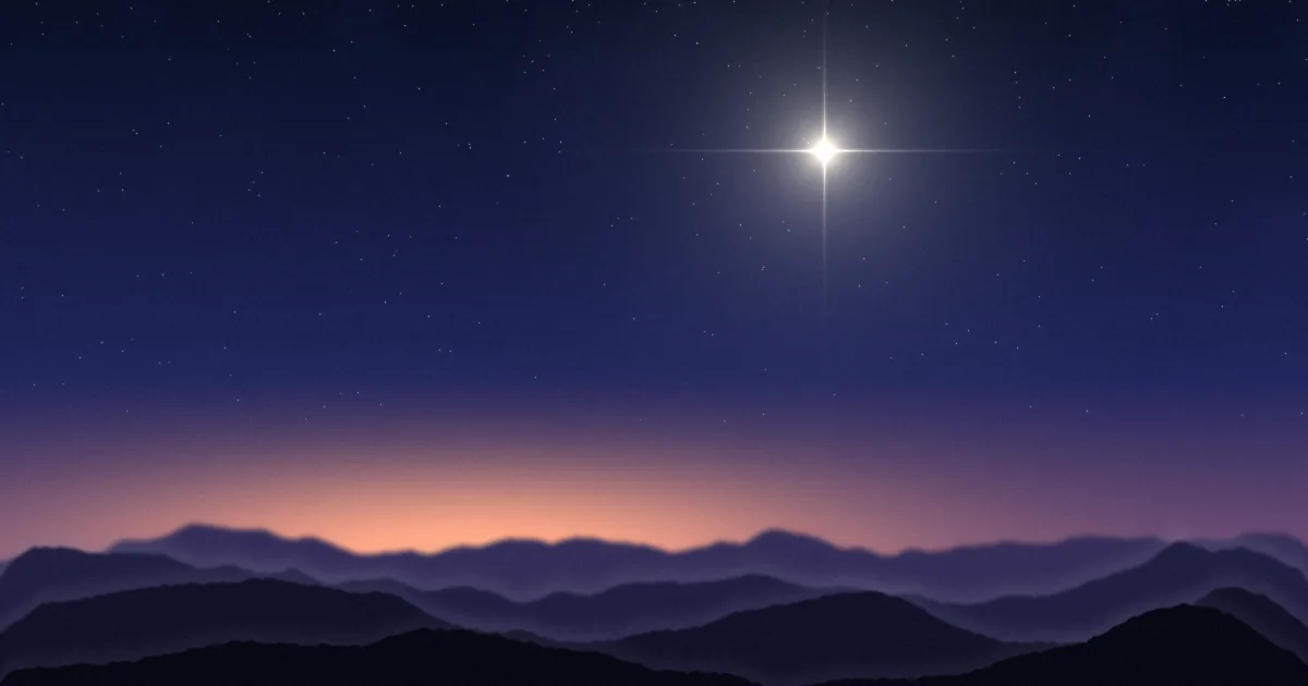 A deep blue evening sky over dark hills, with one bright star above a warm glow on the horizon.