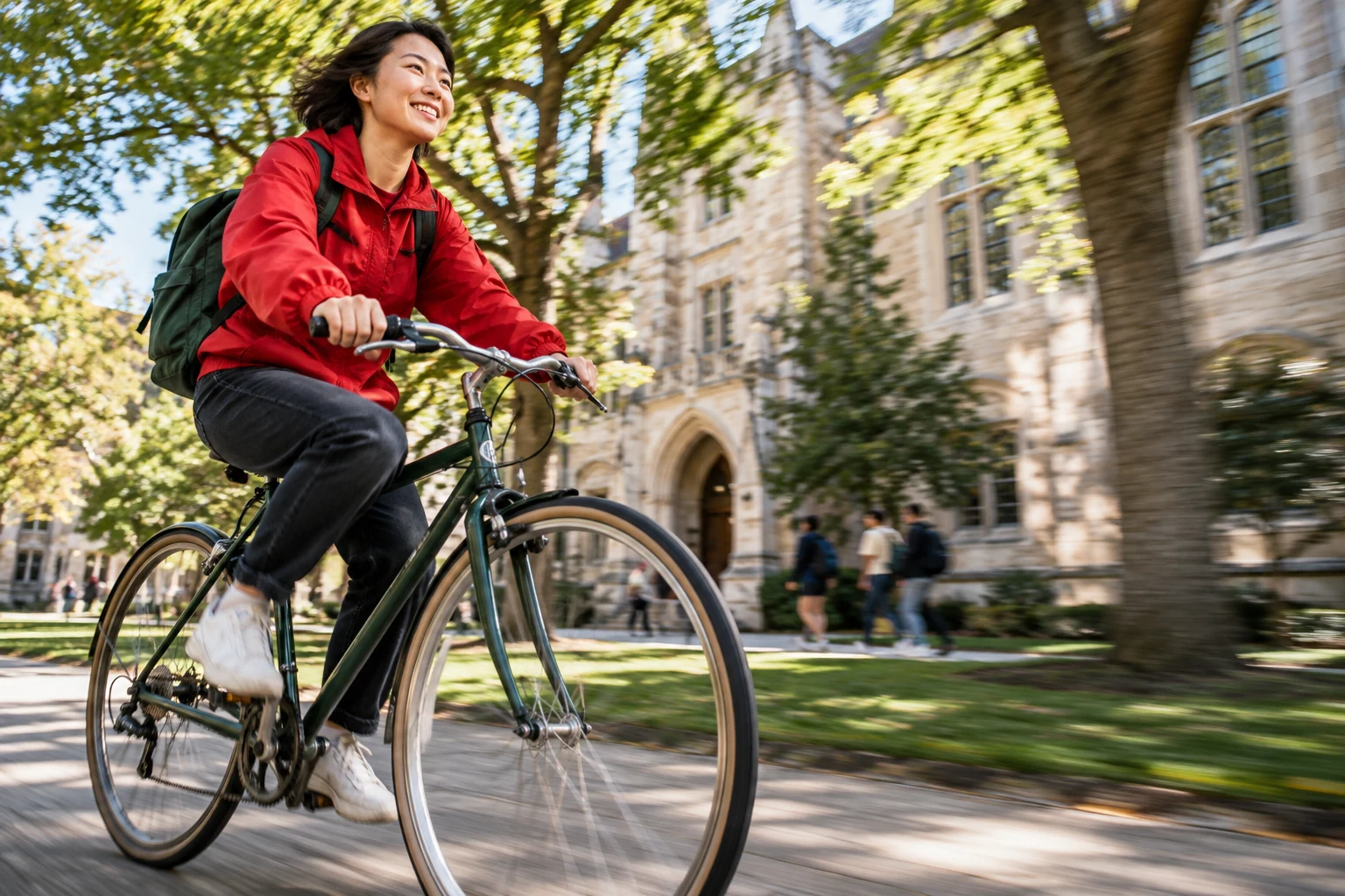 A student in a red jacket cycles across campus, with buildings and trees blurred by motion.