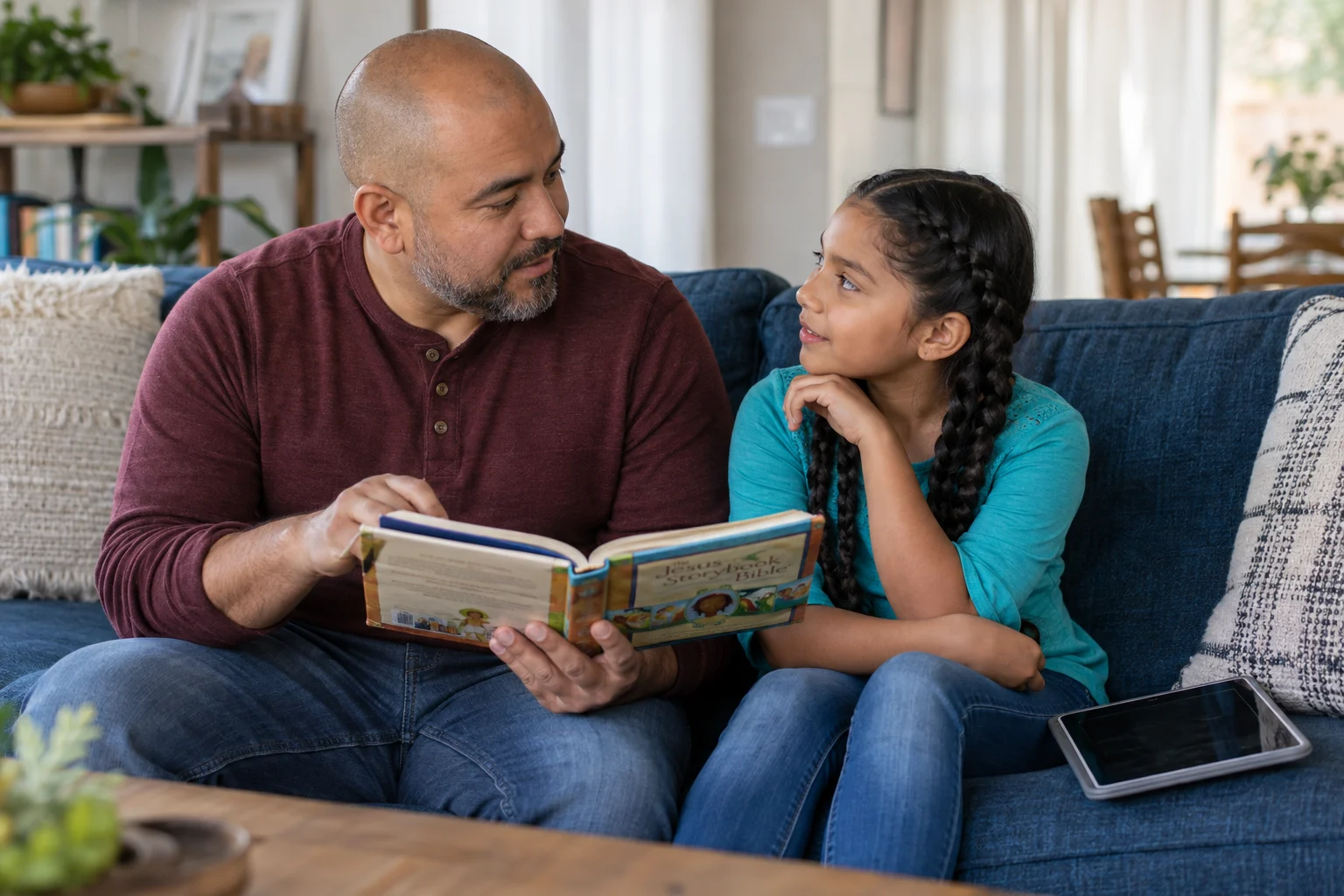 A father and daughter talk over a children's Bible on a blue couch.