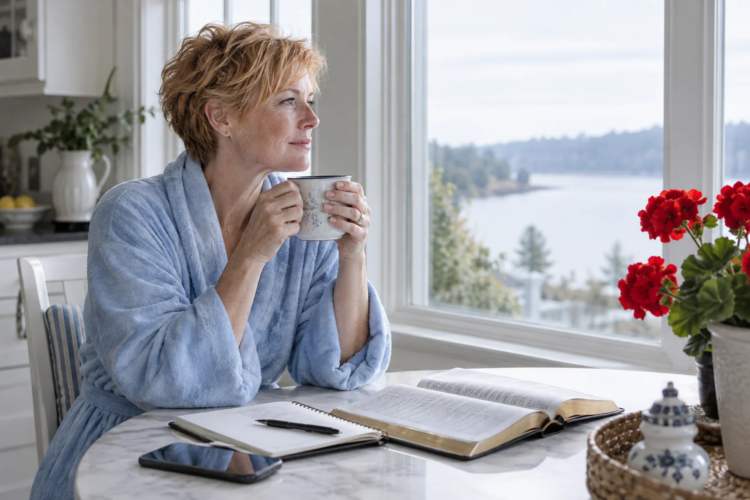A woman with short strawberry-blond hair sits beside her Bible and coffee in morning light.