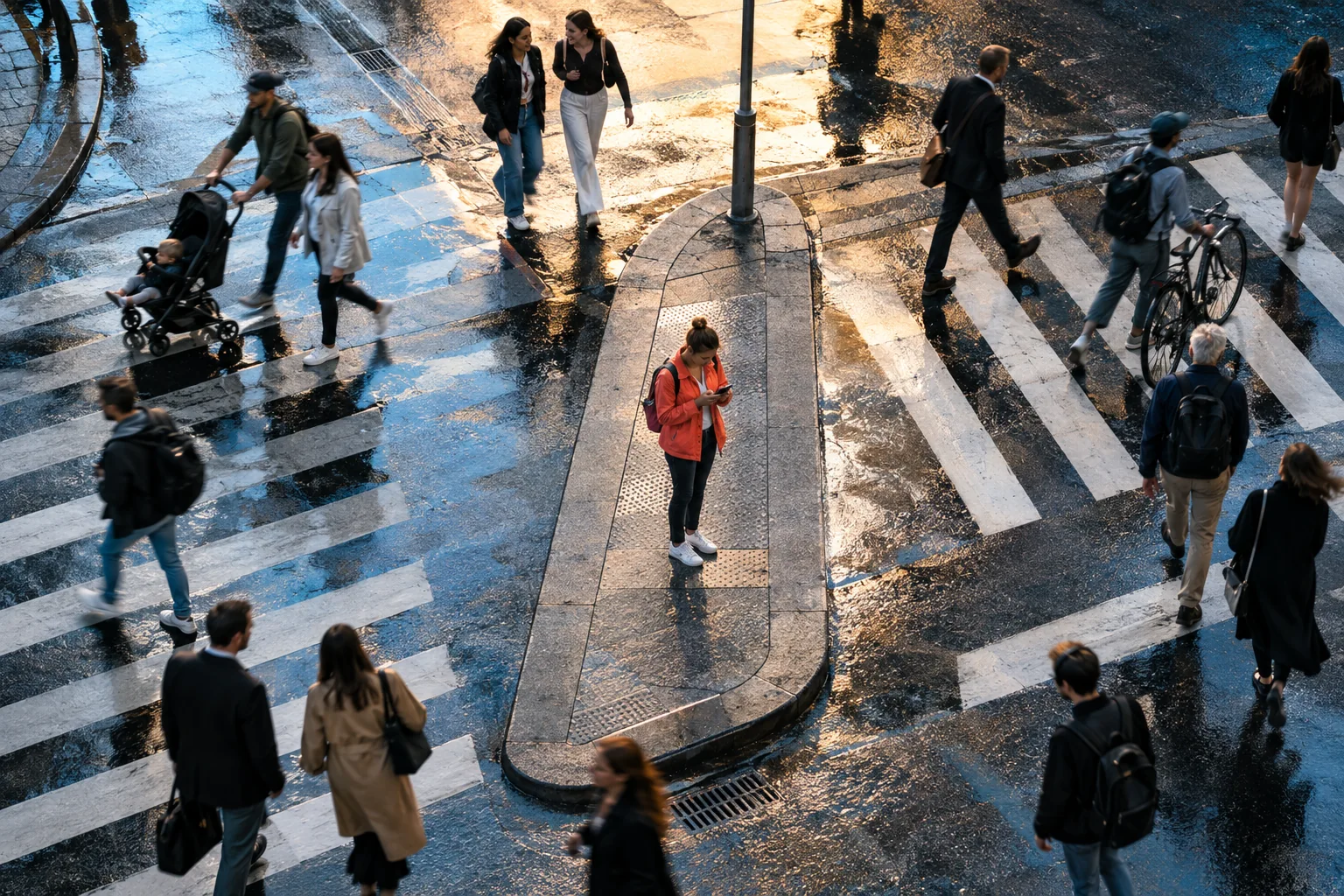 People cross a rain-wet city street while a woman pauses with her phone on a pedestrian island.