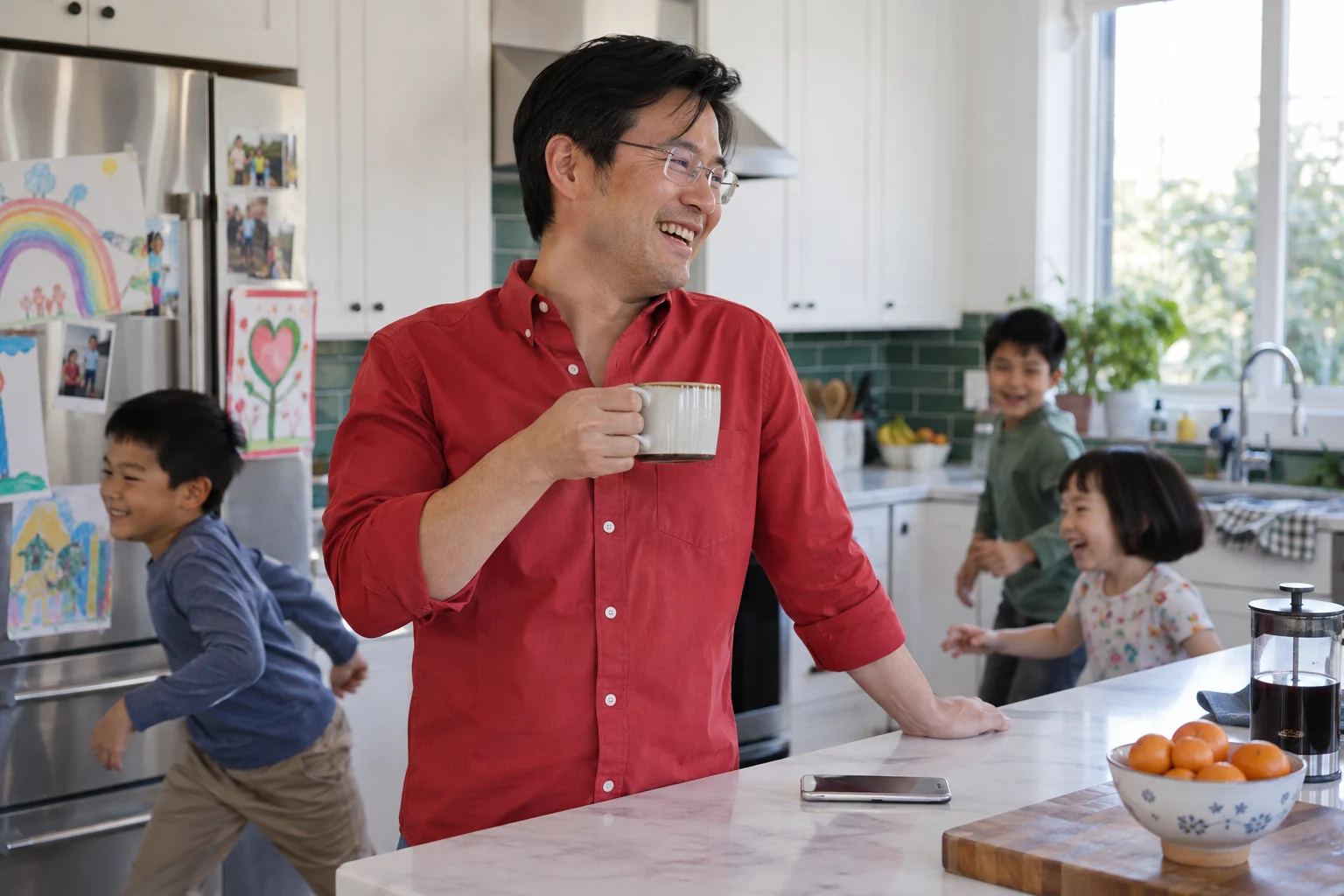 A father in a red shirt laughs in the kitchen while his children play behind him.