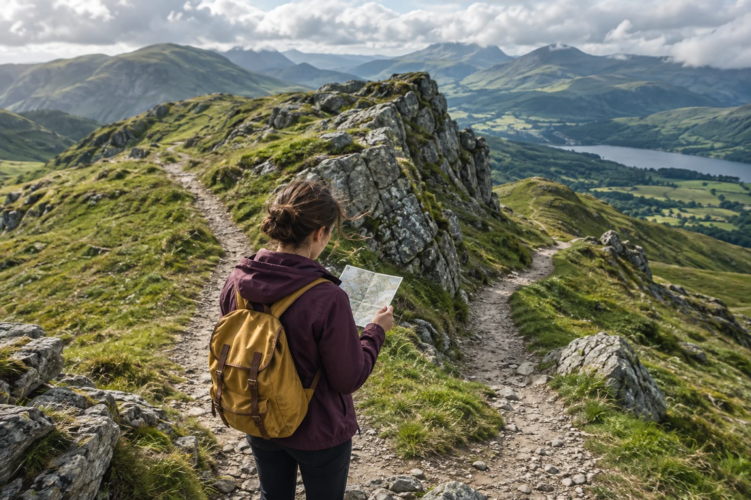 A young hiker studies a paper map where a mountain path divides around a rocky outcrop.