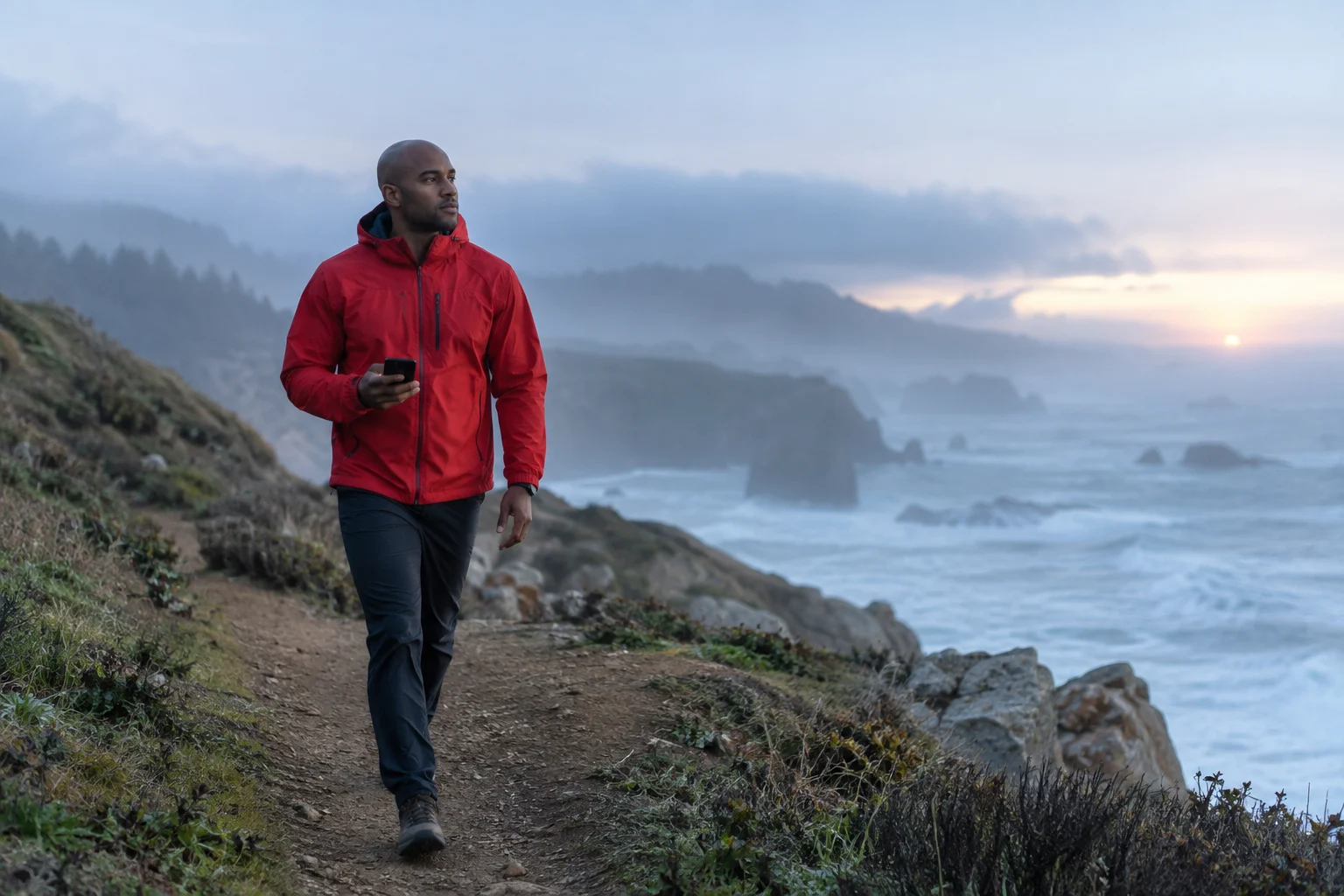 A man in a red jacket walks along a misty coastal path.