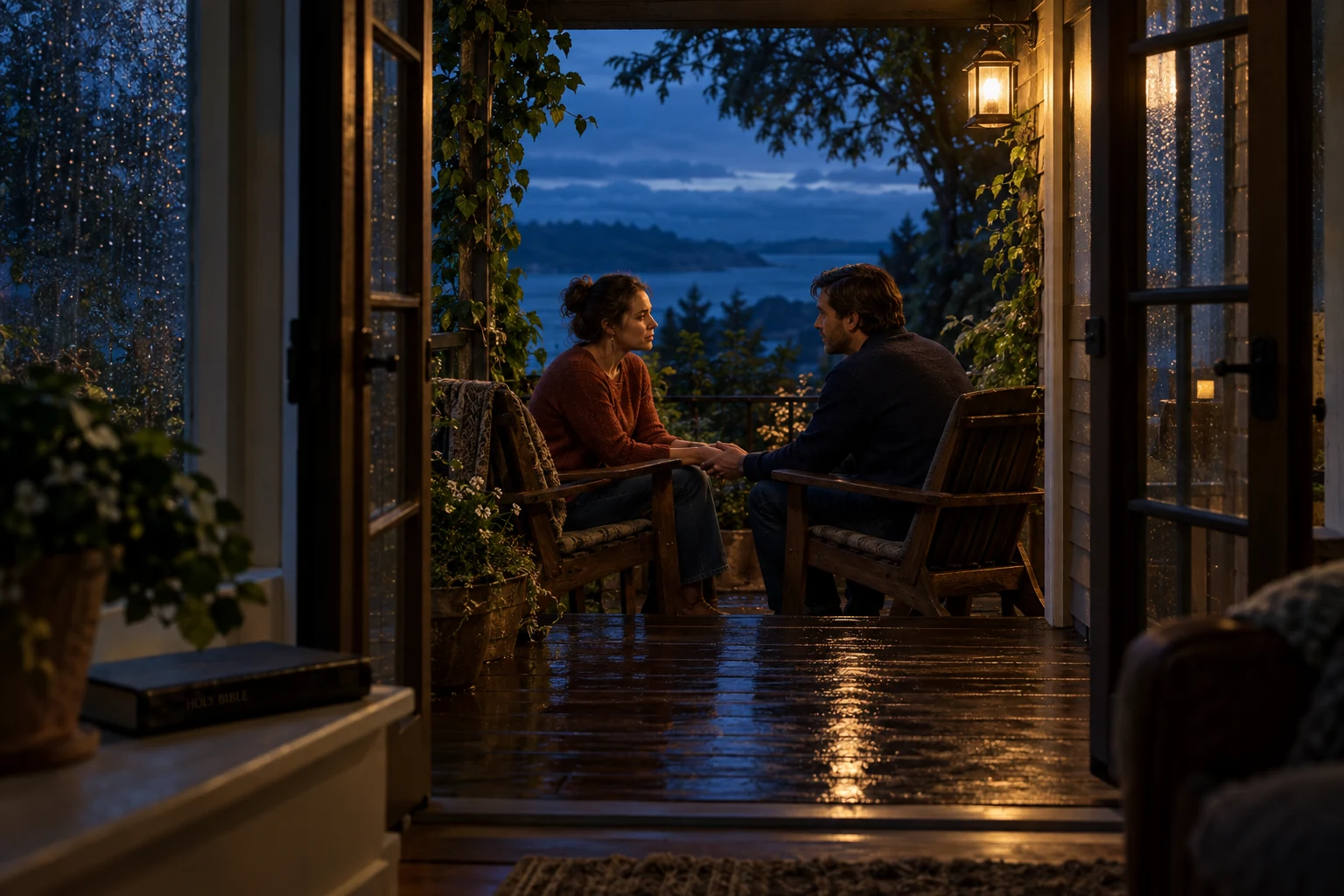 A husband and wife reach toward each other on a lamplit porch at blue hour.