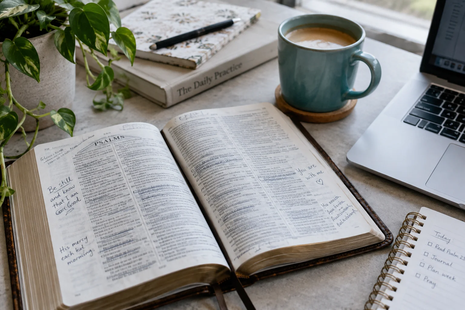 An open Bible, handwritten notes, laptop, and turquoise coffee cup on a pale desk.