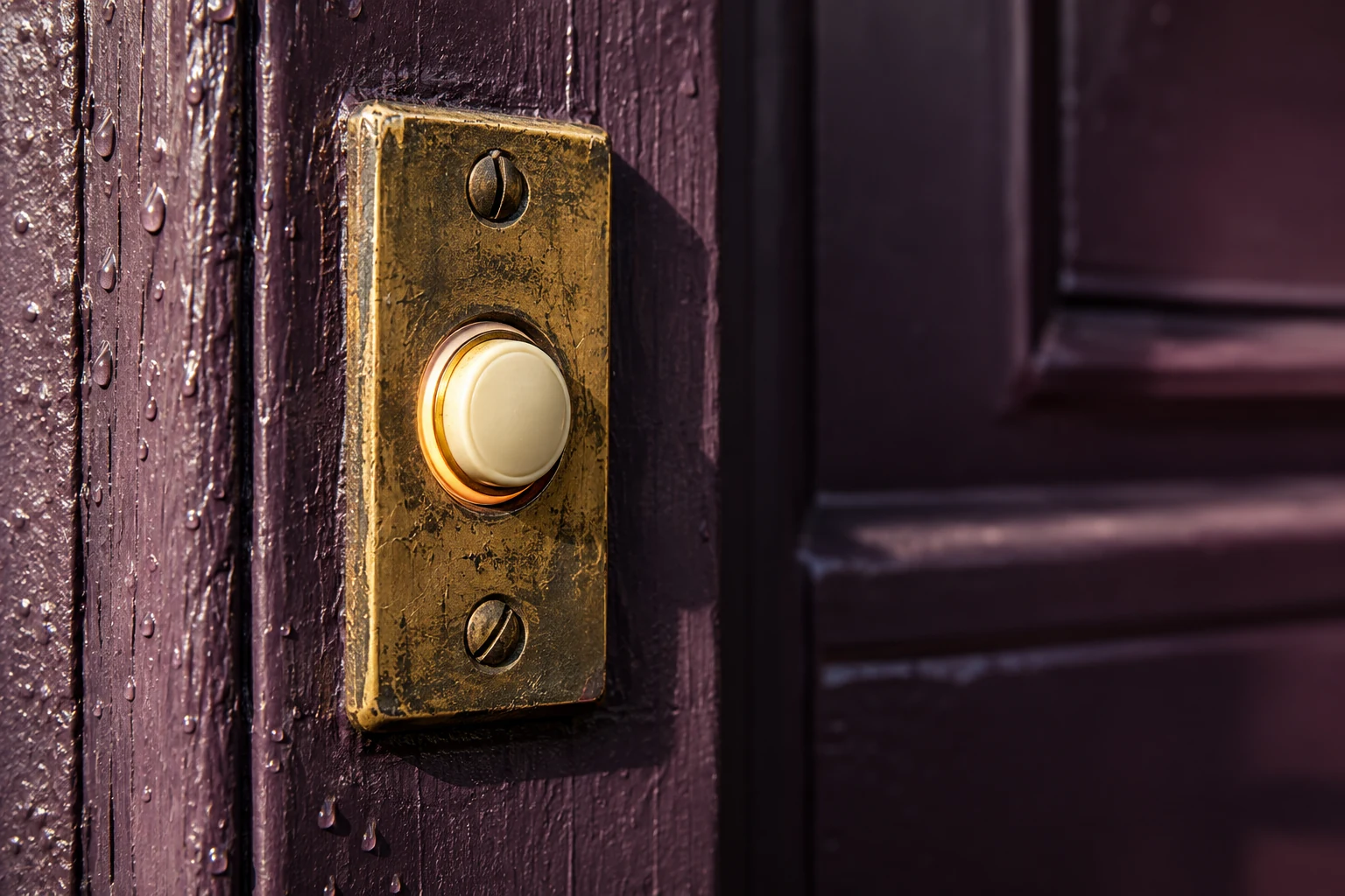 An ivory doorbell push button sits in a weathered brass plate beside a purple front door.
