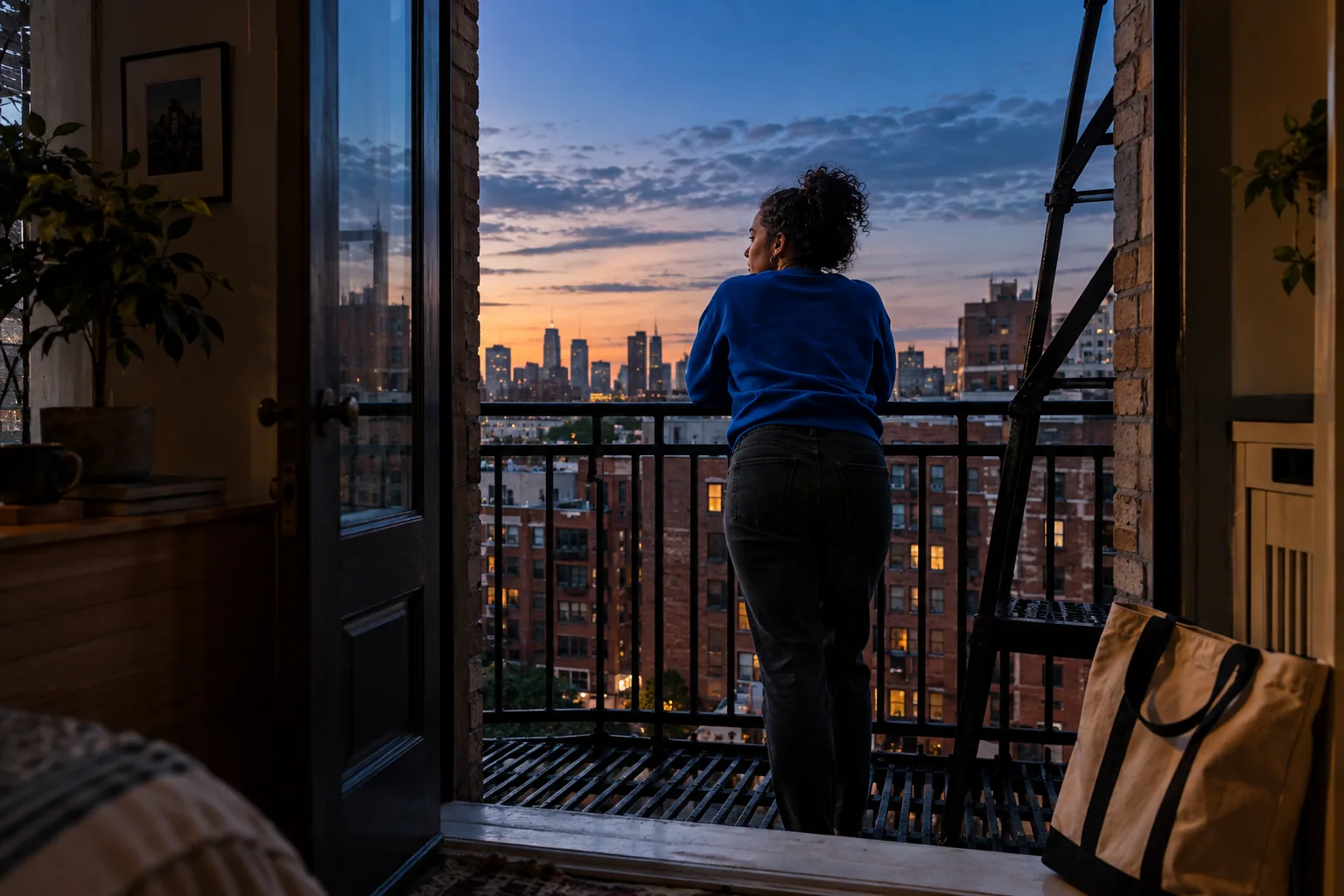 A woman takes a quiet moment on a fire escape above the city.