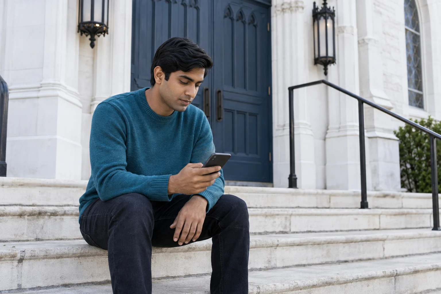A young man in a teal sweater looks at his phone on church steps.