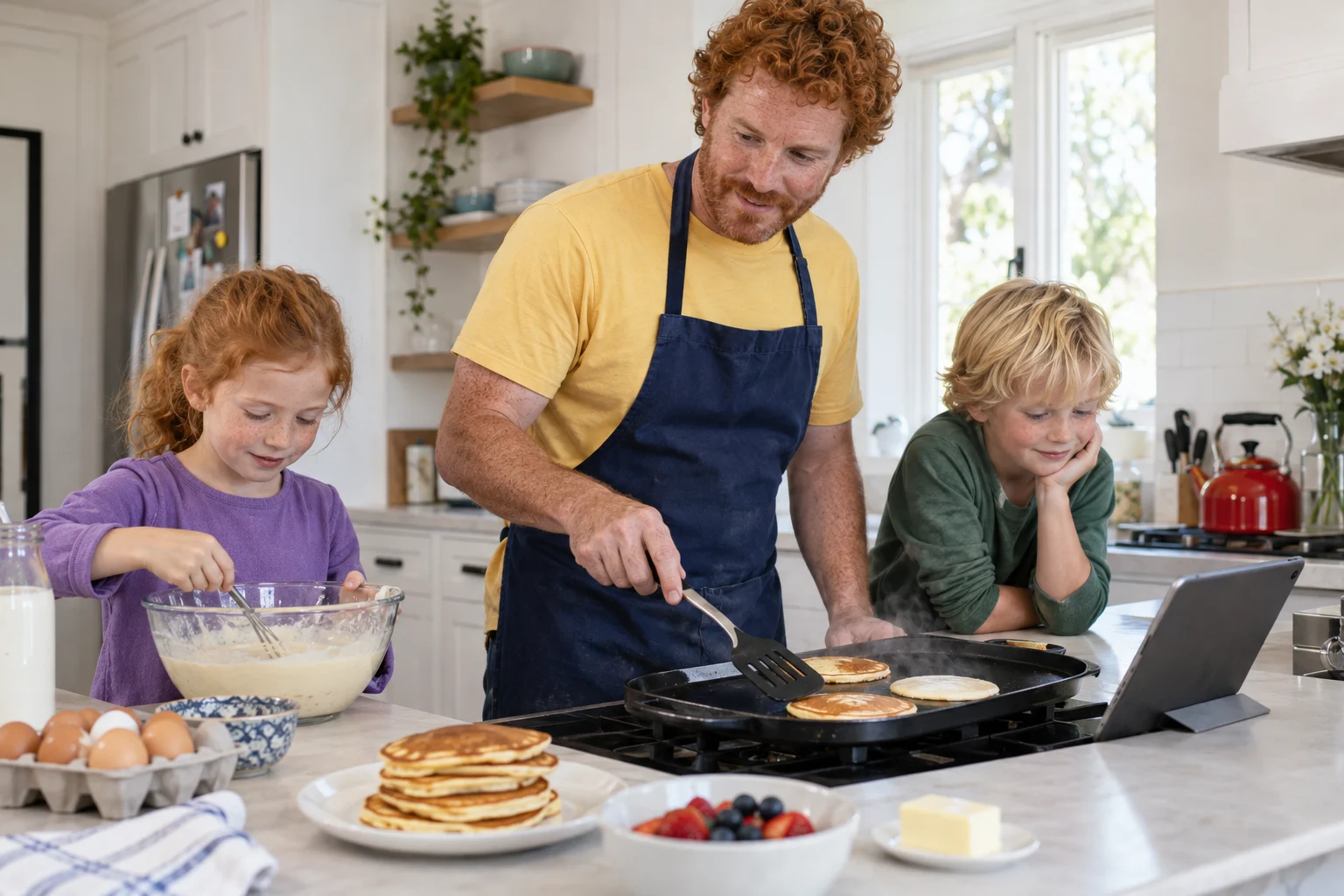A red-haired father cooks pancakes with his children beside a tablet.