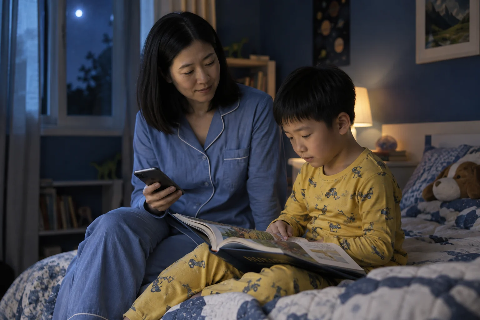 A mother and child read an illustrated Bible together at bedtime.