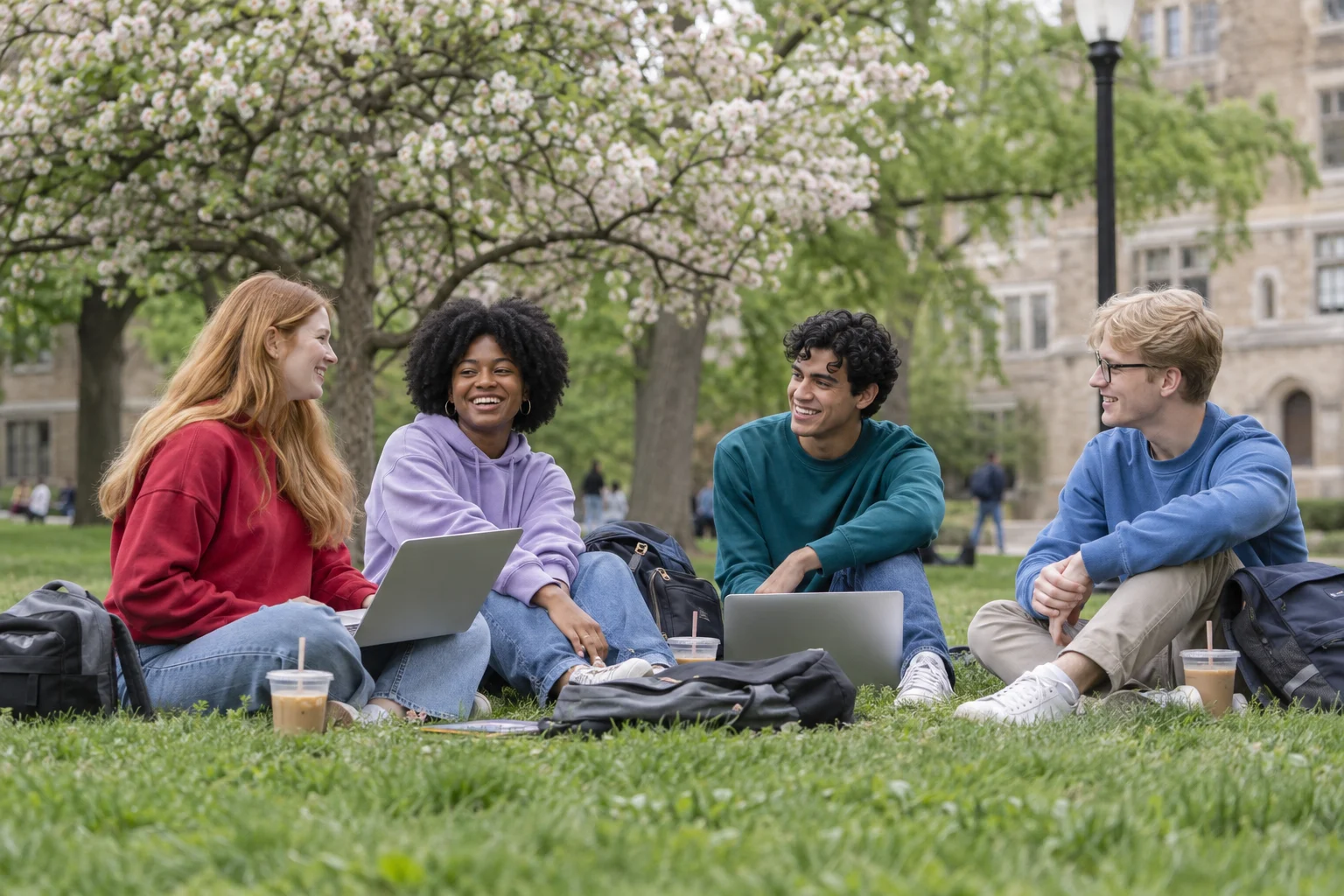 Four students sit together on a green campus lawn with drinks and a laptop.