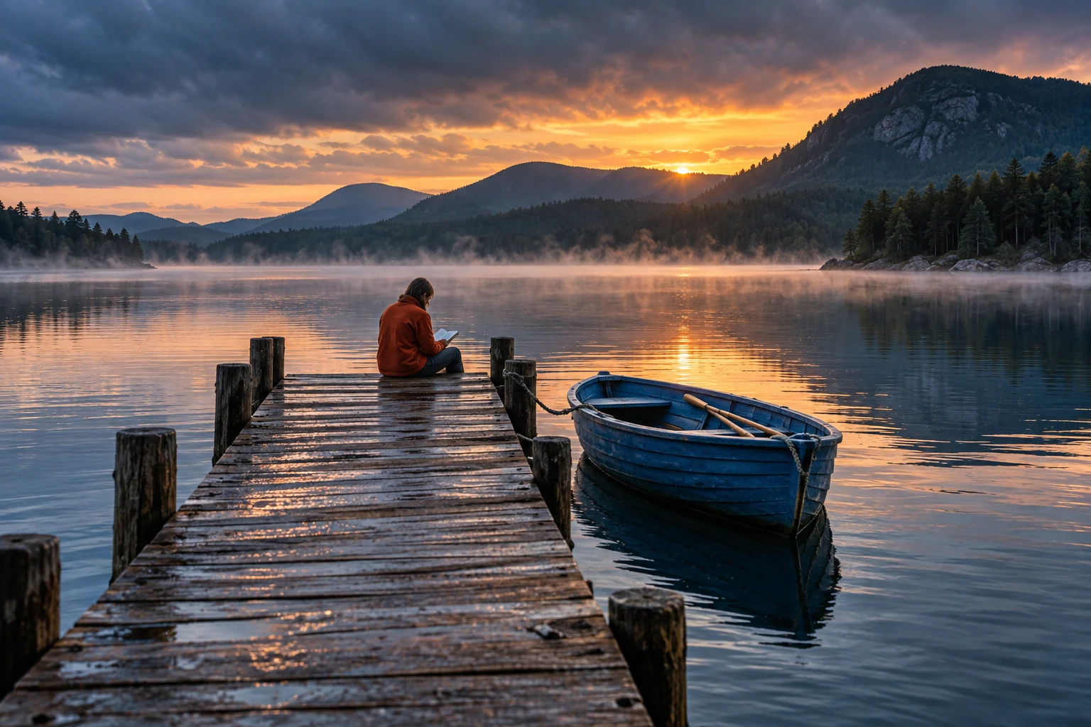 A reader sits on a jetty beside a blue rowboat beneath a glowing morning sky.