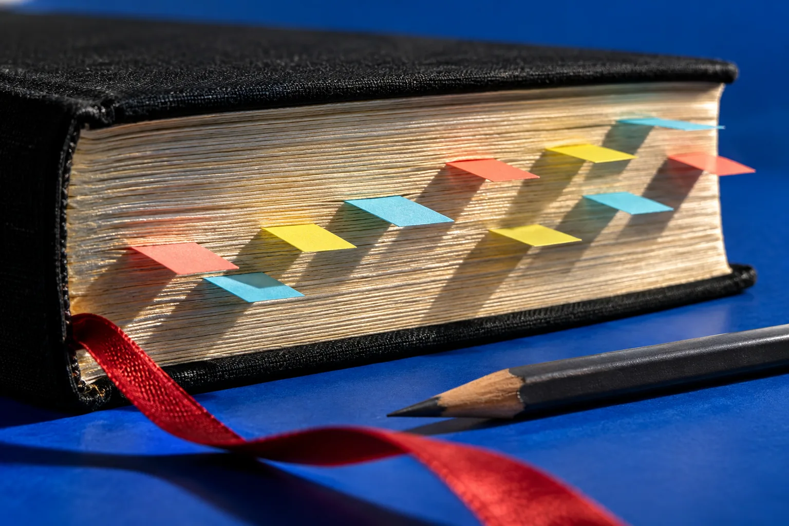 Colorful tabs and a red ribbon mark the page edges of a closed Bible beside a pencil.
