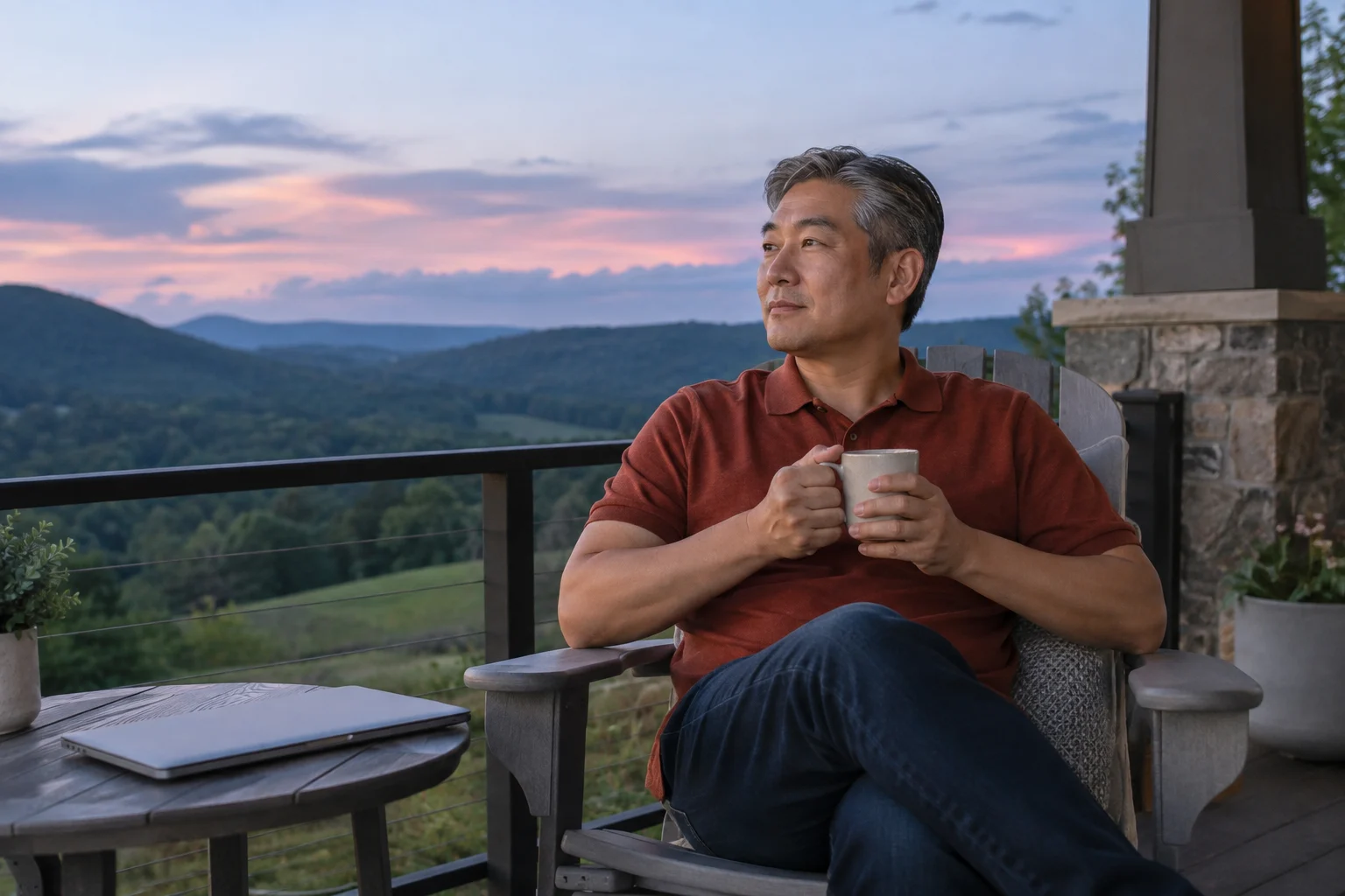 A man sits on a porch at twilight with coffee and a closed laptop beside him.