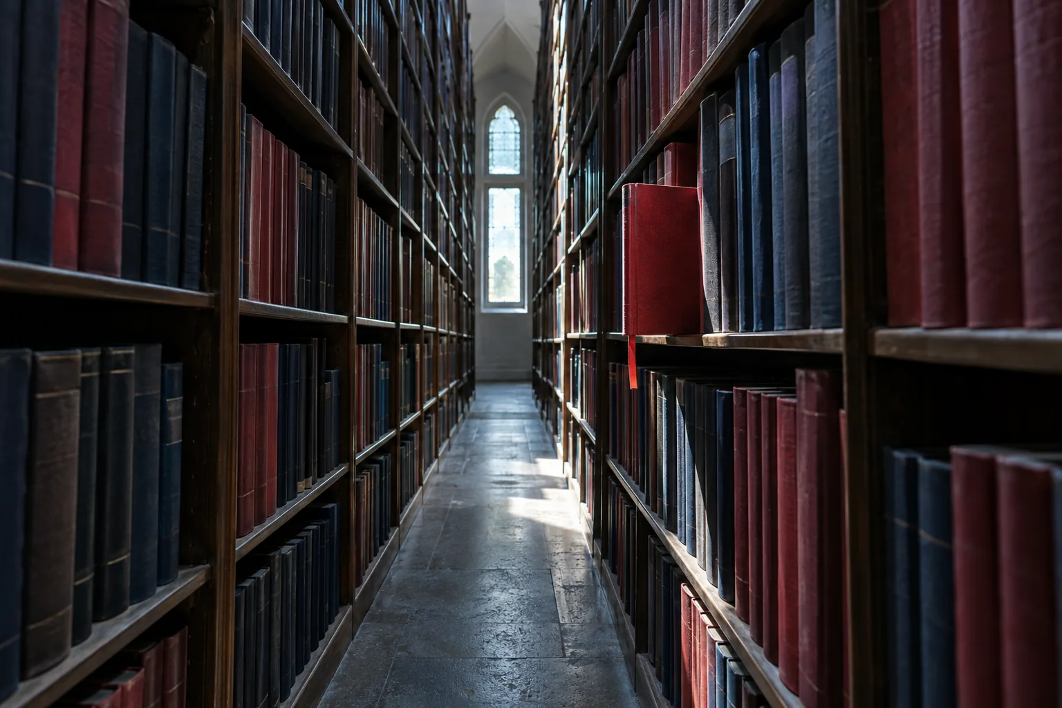 A book projects from tall archive shelves in an aisle leading toward an arched window.