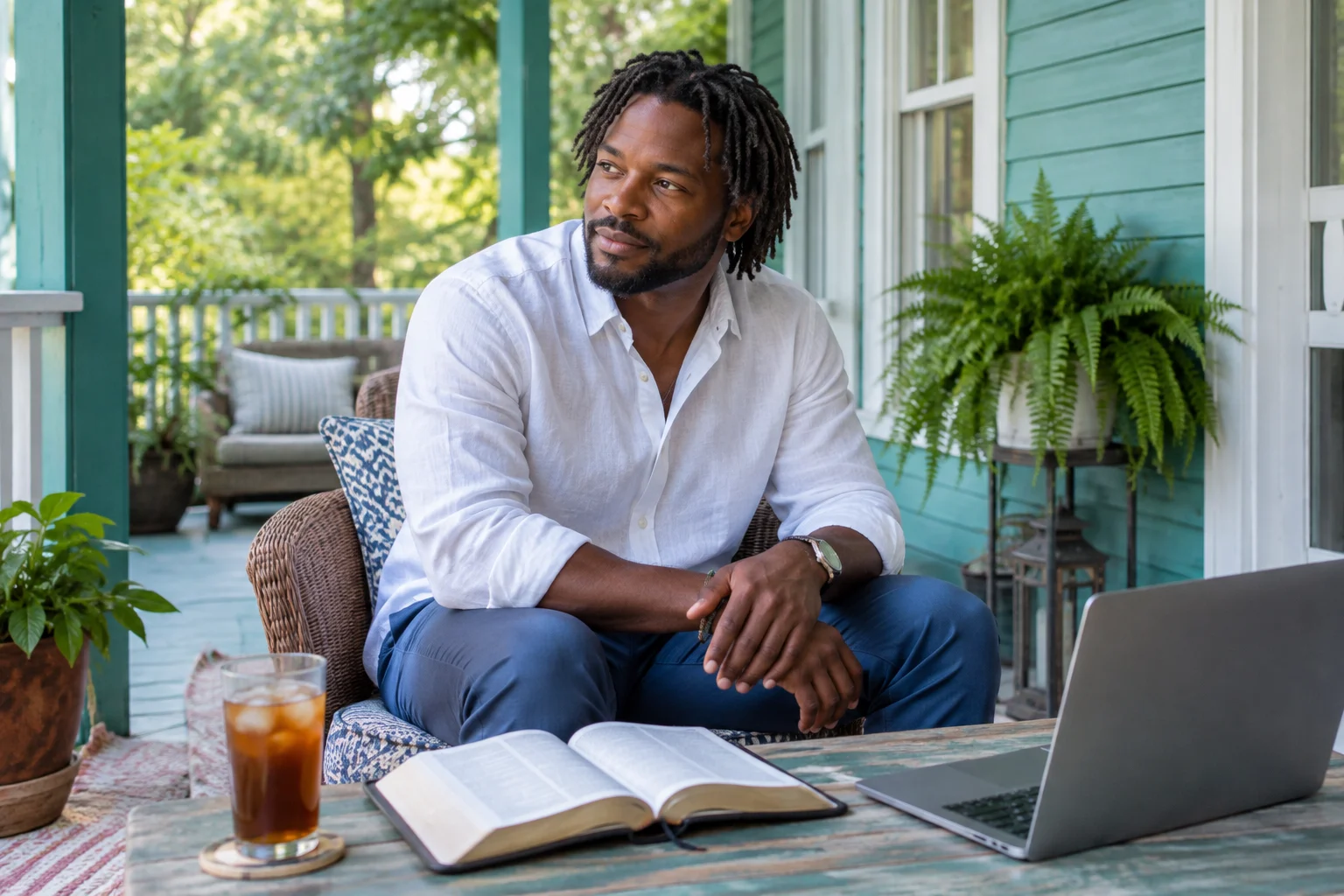 A man with natural twists reads on a turquoise porch beside a Bible, laptop, and iced tea.