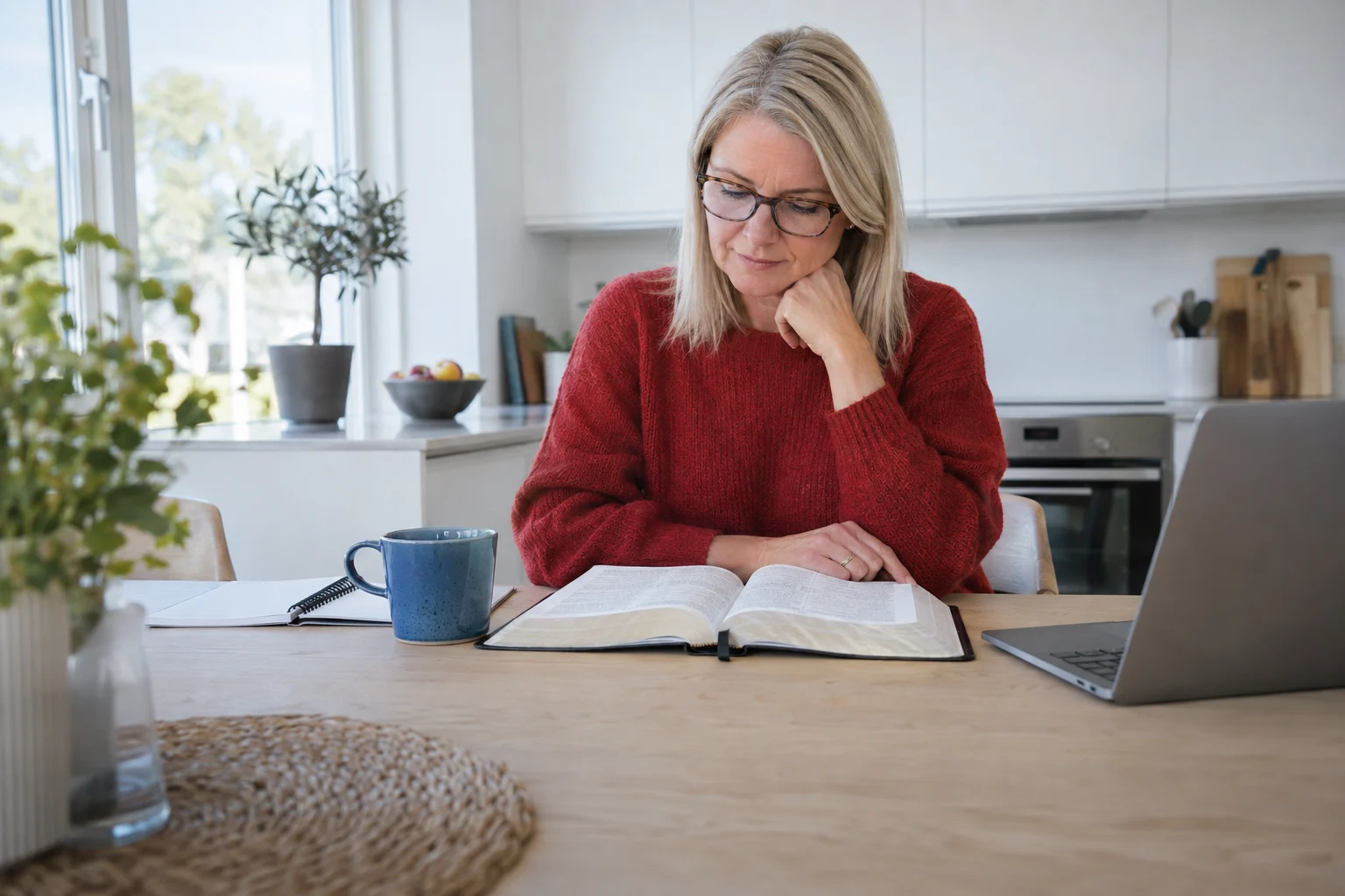 A woman in a red sweater studies at a pale kitchen table with a laptop and blue mug.