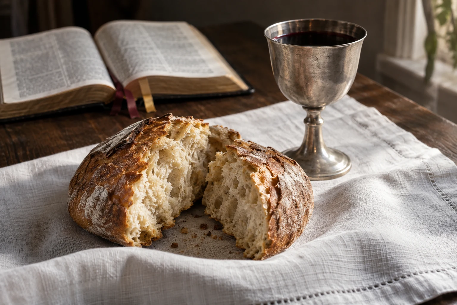 Broken bread and a silver communion chalice rest on white linen, with an open Bible behind them.