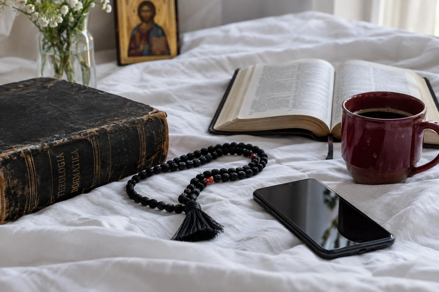 A theological book, Bible, prayer rope, phone, and red cup on white linen.