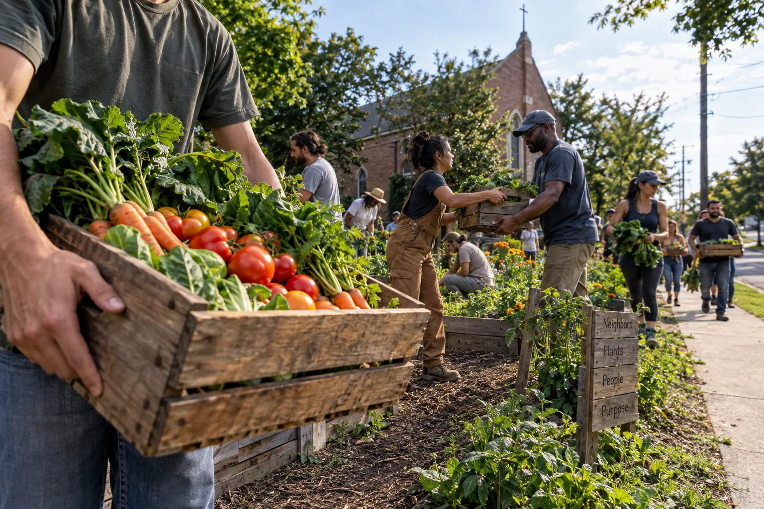 Volunteers carry crates of fresh vegetables from a church community garden.