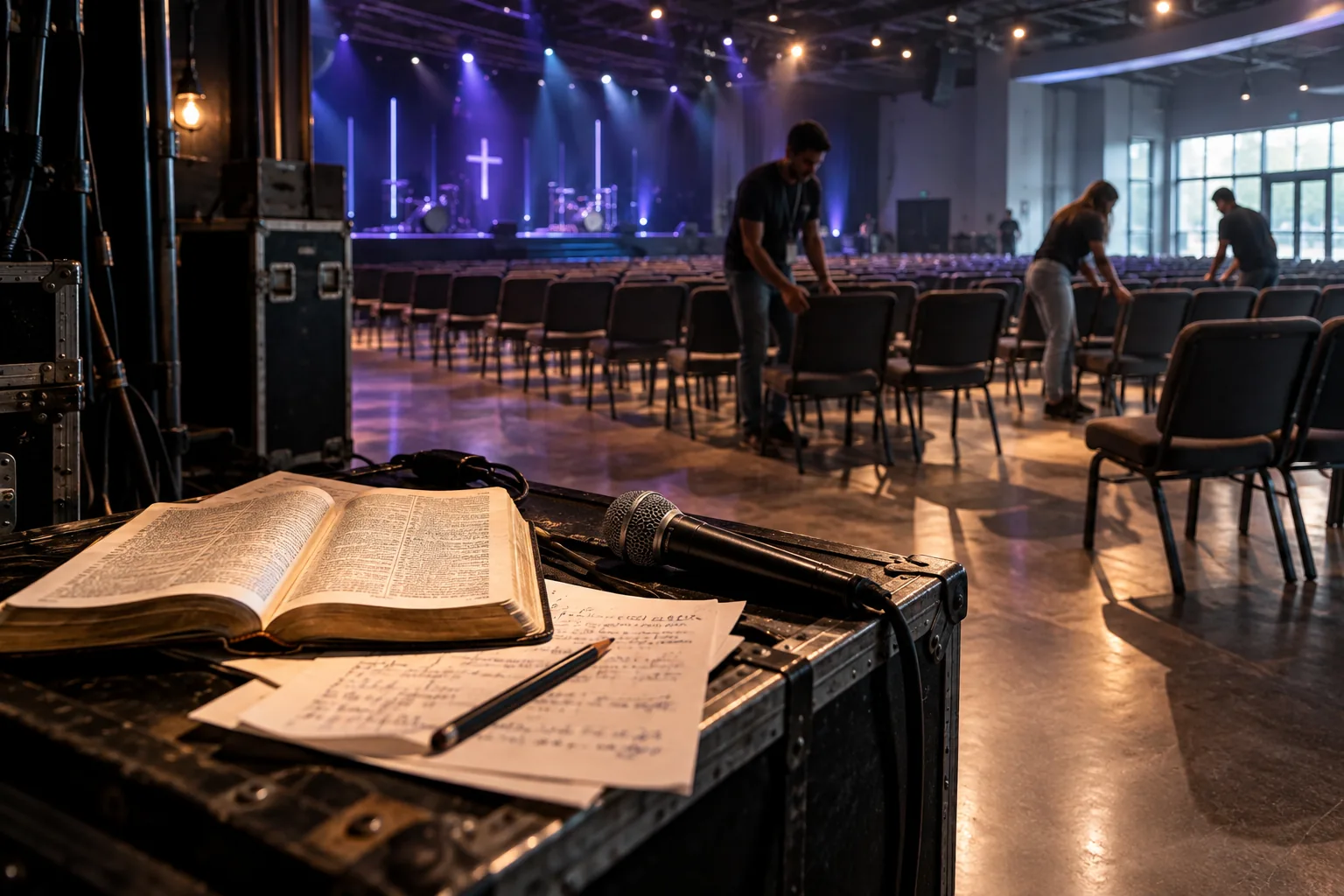 An open Bible and ministry notes sit backstage as volunteers arrange chairs in a worship hall.