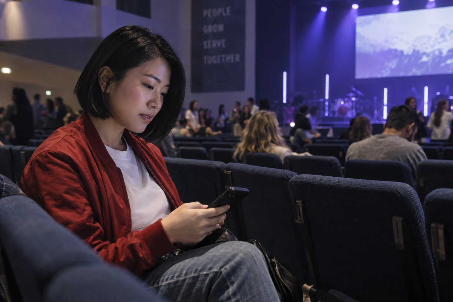 A woman in a red jacket looks at her phone before a church service.