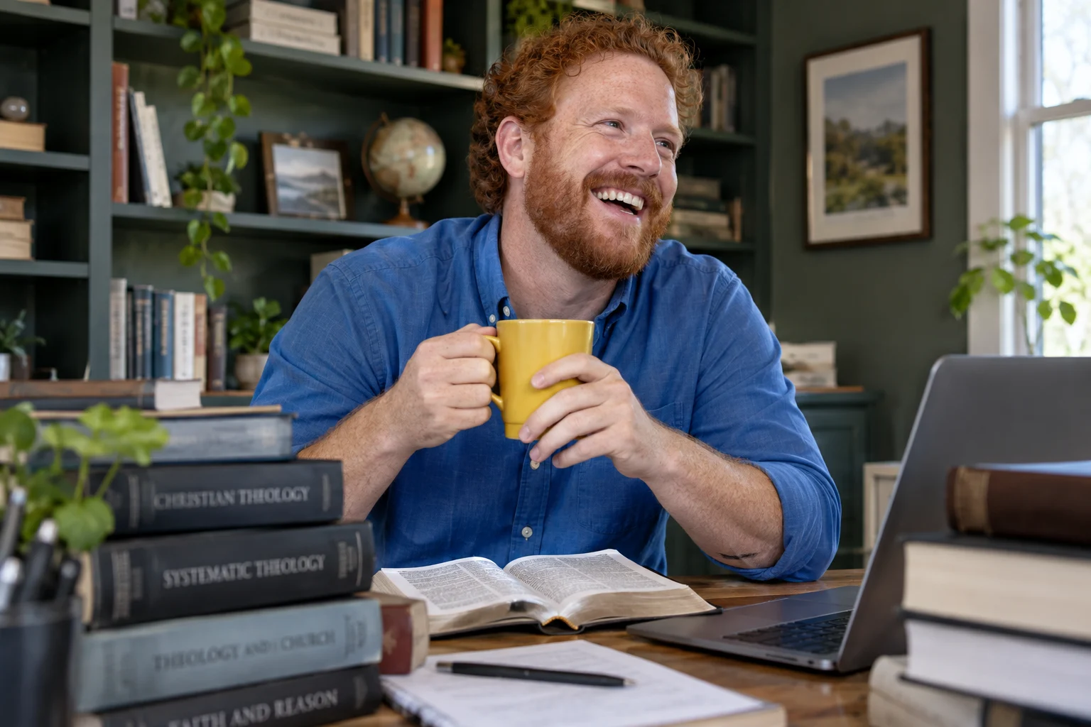 A red-haired, bearded man laughs at a desk piled with theology books.