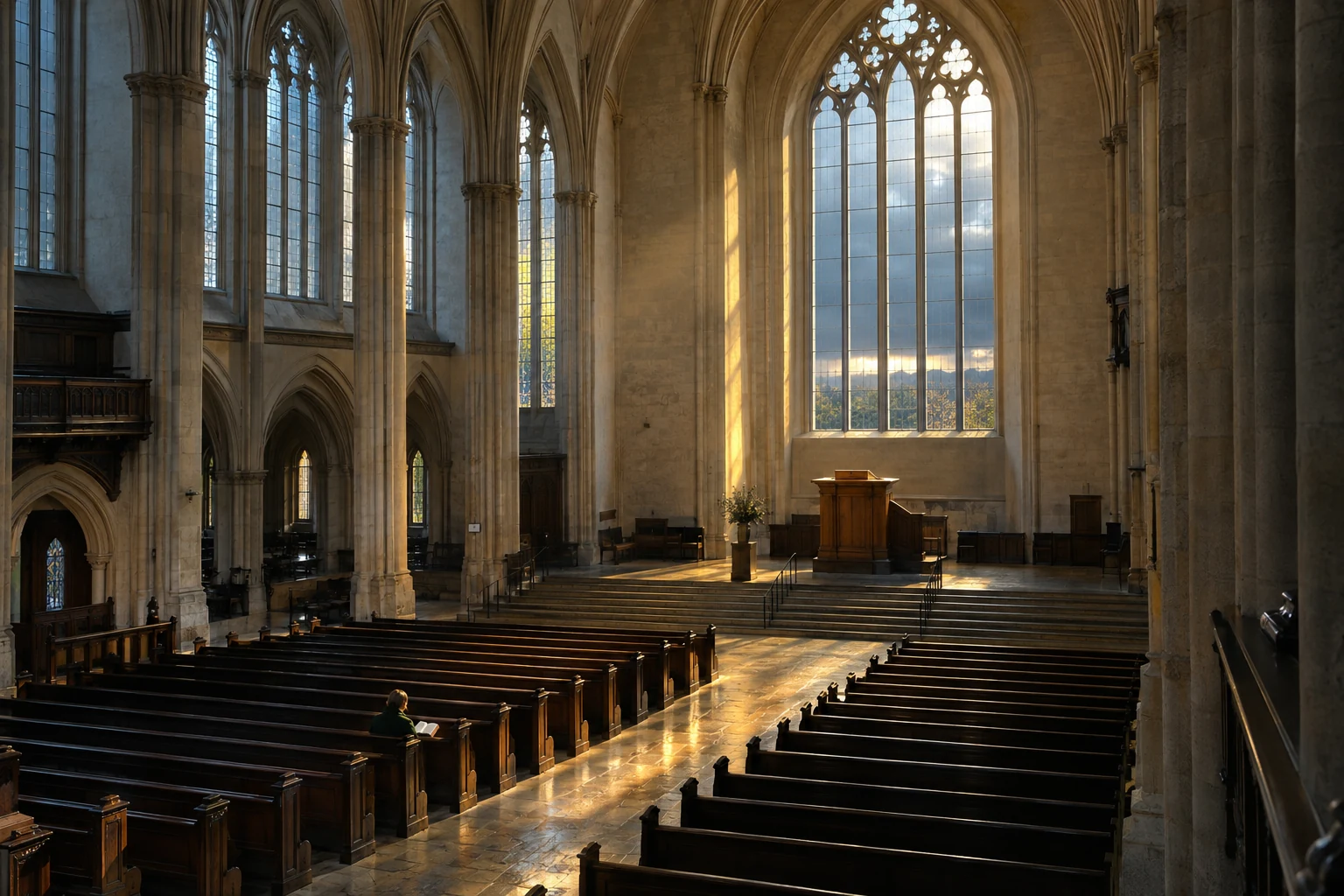 Sunlight falls across a solitary reader among dark wooden pews in a soaring stone church.