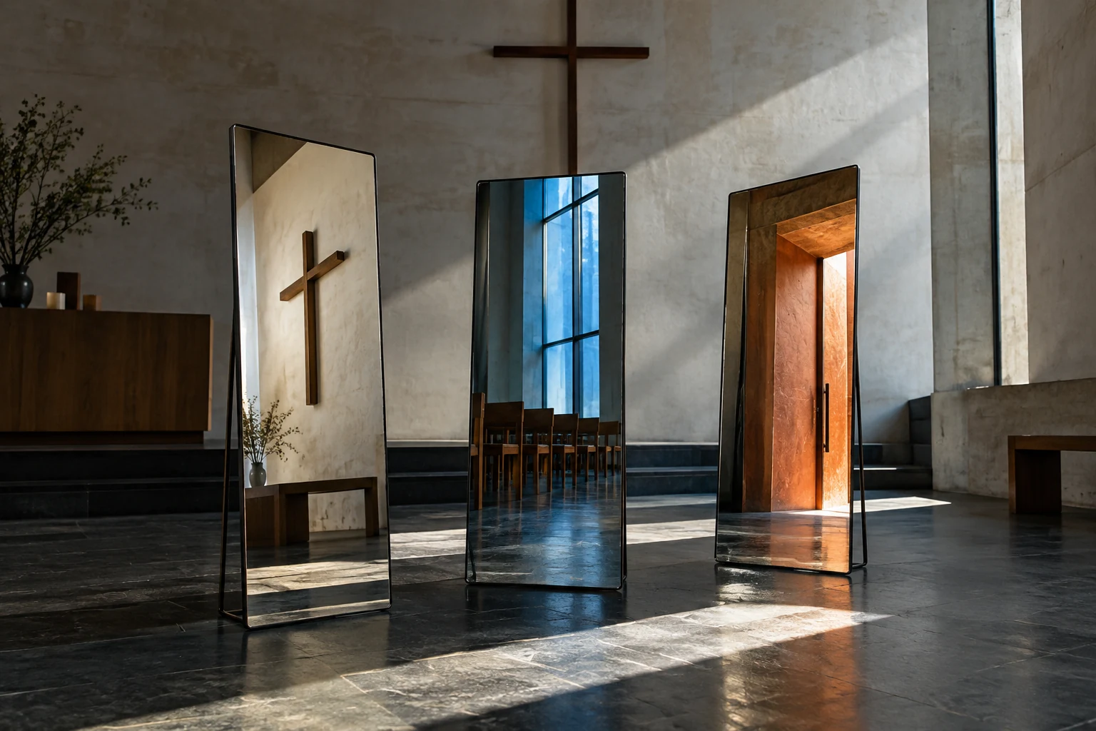 Angled mirrors reflect different parts of a church interior, including a wooden cross and blue-lit chairs.