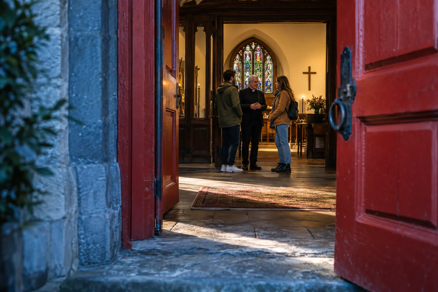 Open red church doors frame a conversation between visitors and a church leader.