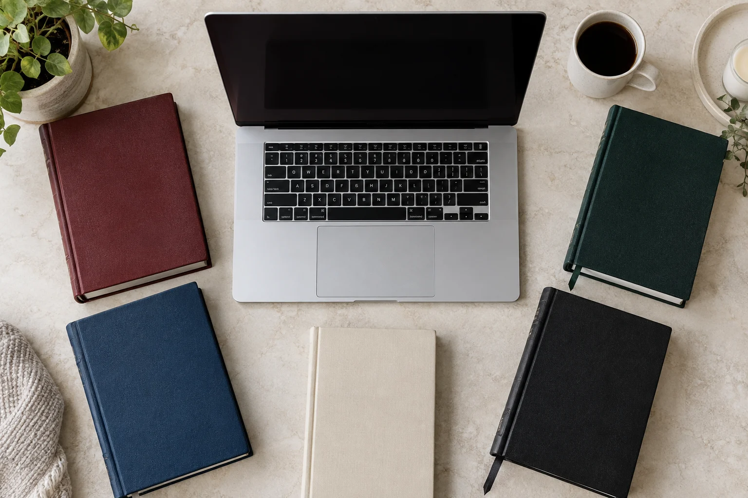 Five differently colored books arranged around a laptop on a pale tabletop.