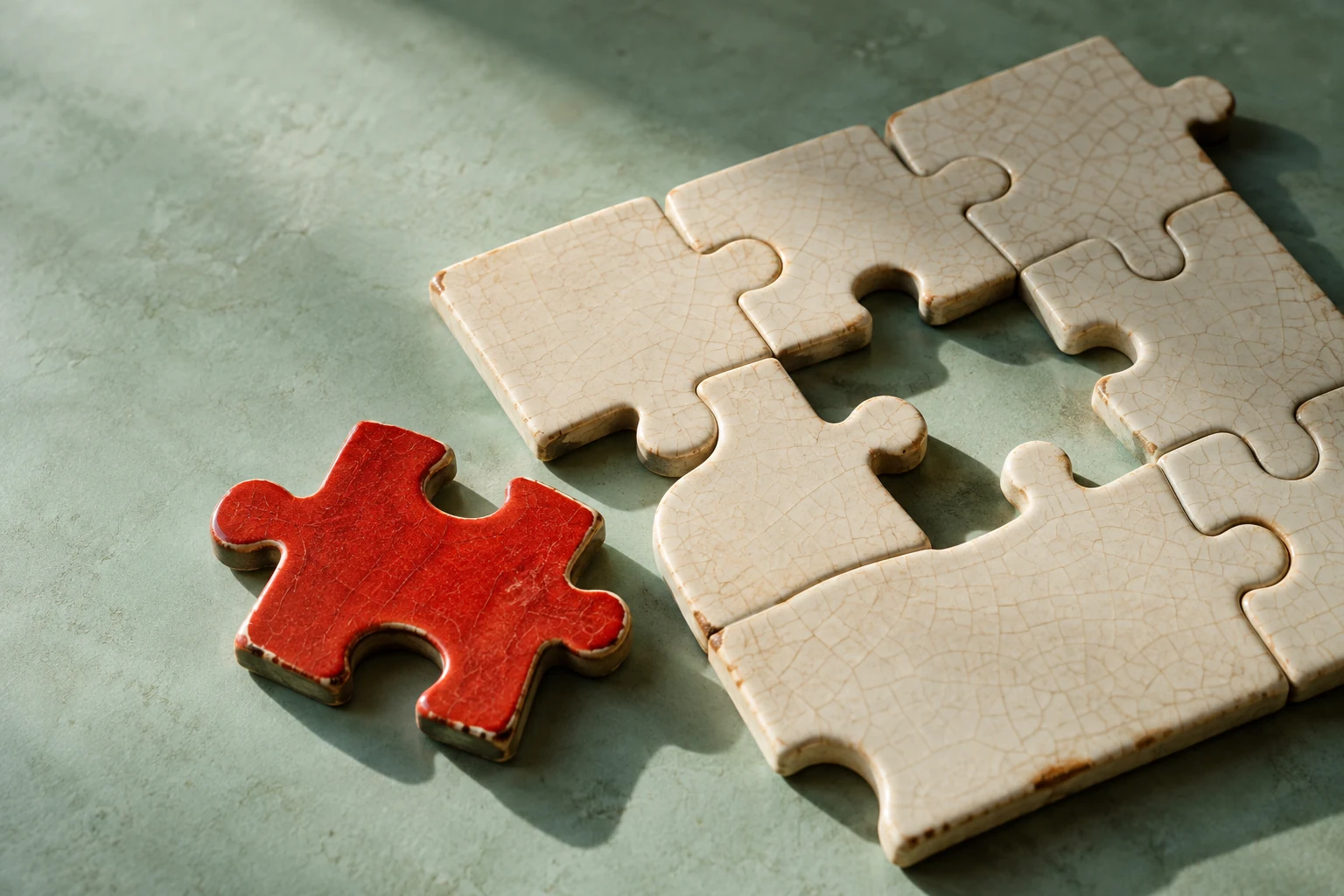 A polished red ceramic puzzle piece sits beside an opening it cannot fit in an ivory puzzle.