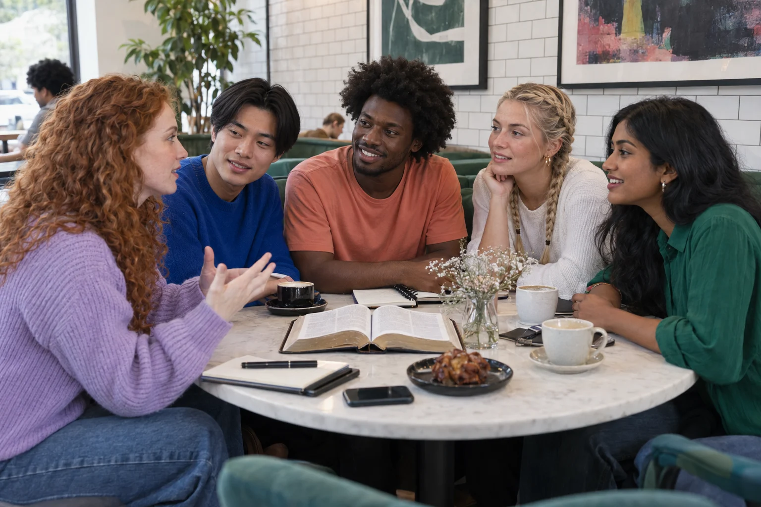 Five young adults discuss an open Bible at a cafe table.