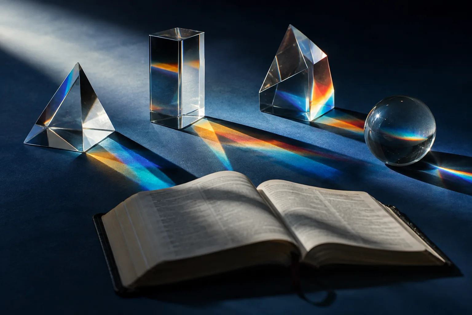 Four glass shapes cast different patterns of color beside an open Bible.